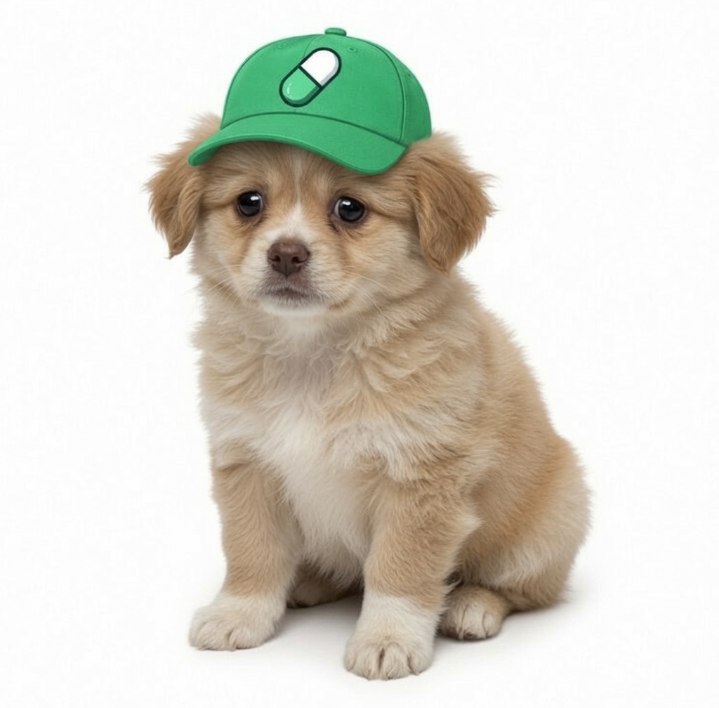 PumpDog mascot — fluffy tan puppy in a green cap